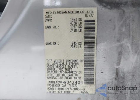 2022 Nissan Altima Sv Fwd from USA, damaged, VIN 1N4BL4DV4NN342404